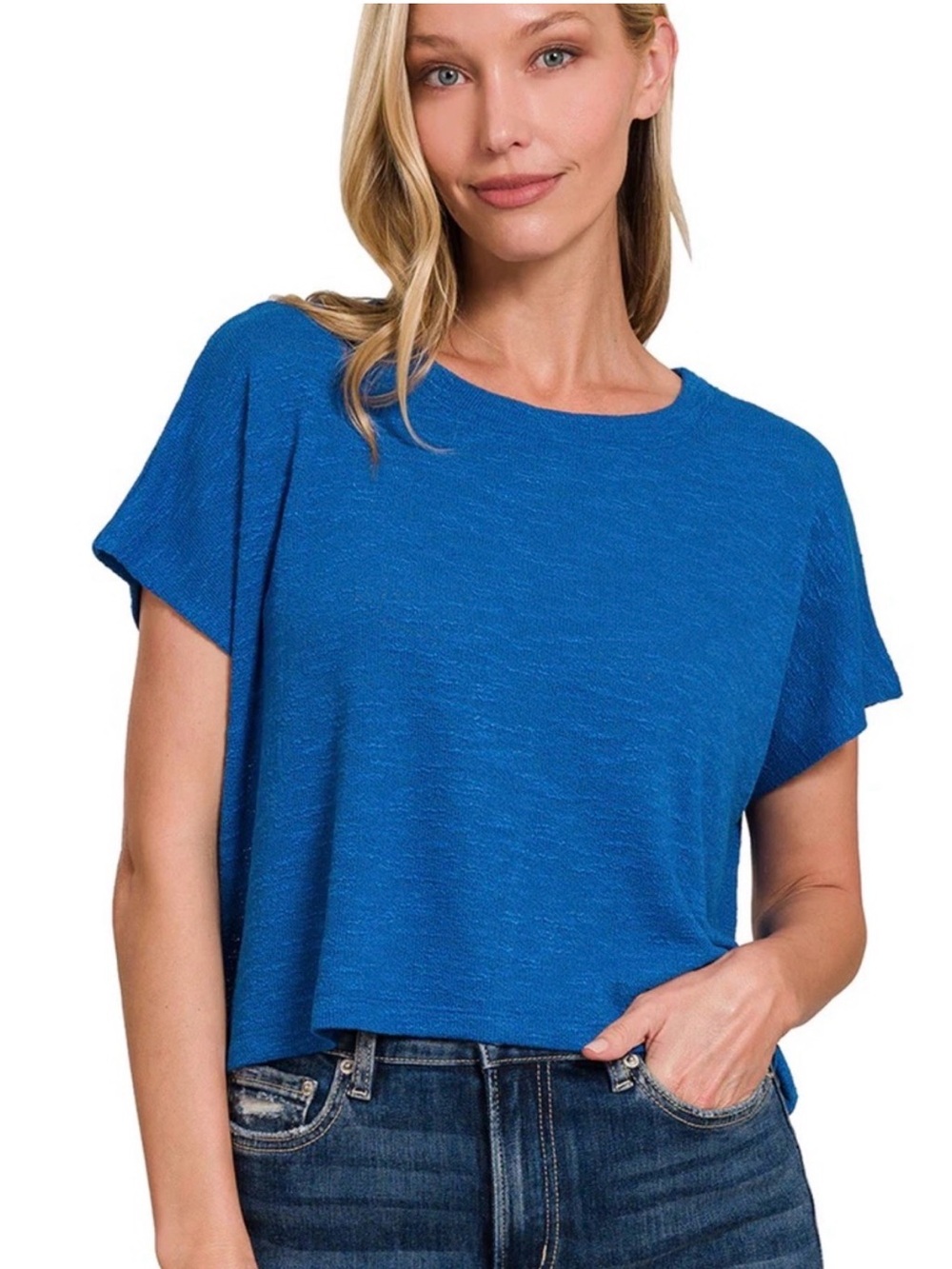 Zenana Ribbed Round-Neck Crop T-Shirt Classic Blue